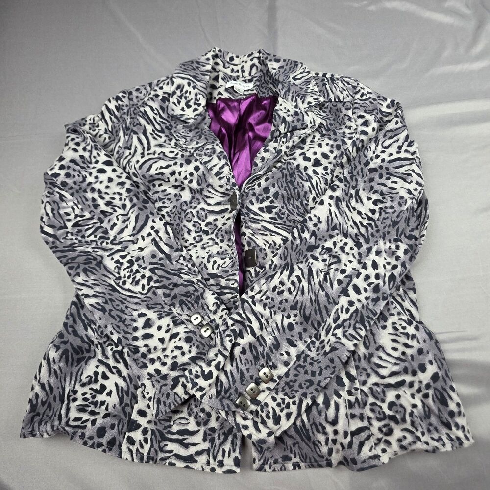 Joan Rivers Womens Blazer Jacket Size M Gray Animal Print Purple Satin Lined Y2K